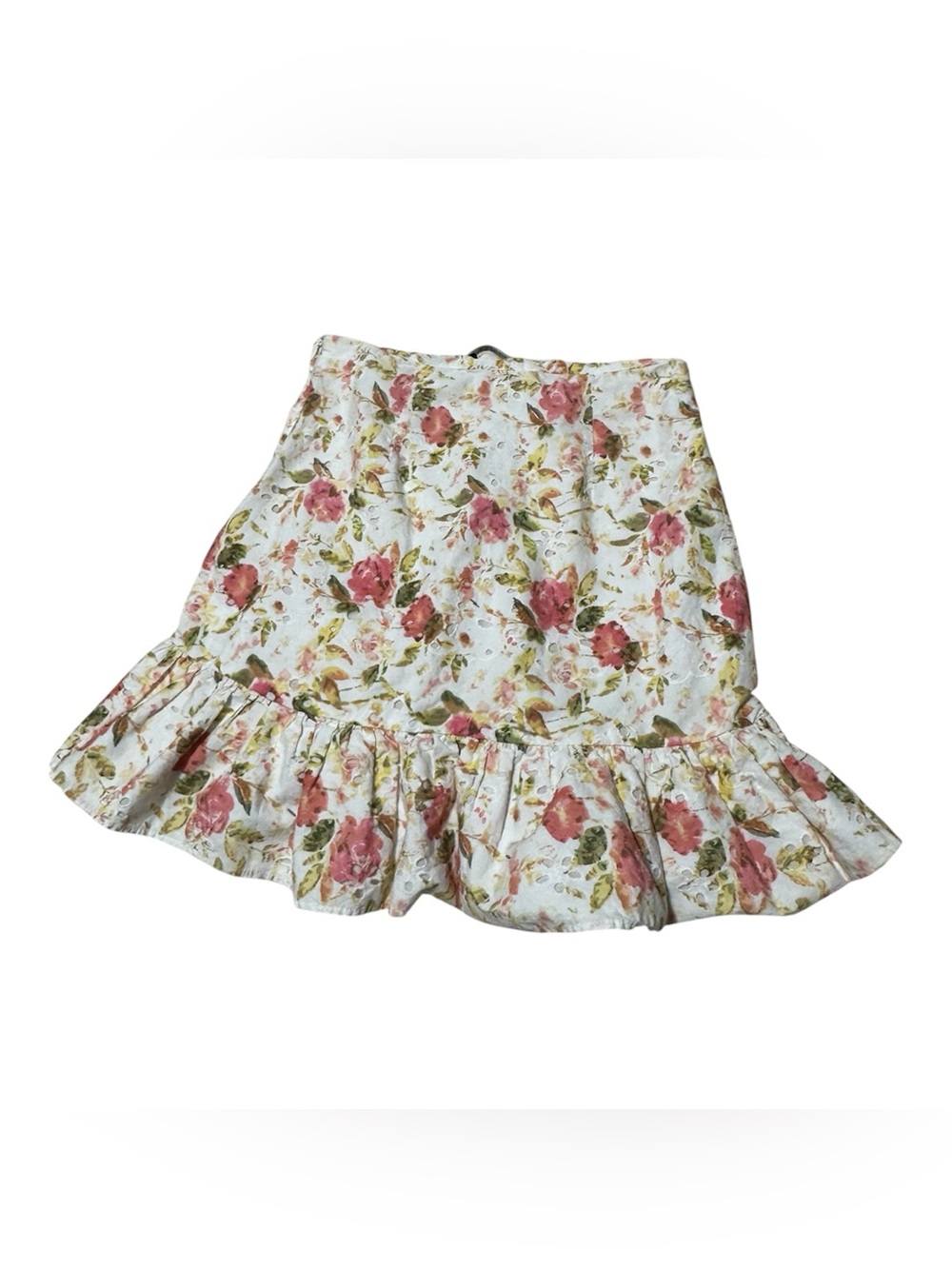 ZARA Floral Eyelet Ruffle Mini Skirt Cottagecore Side Tie Drawstring XS